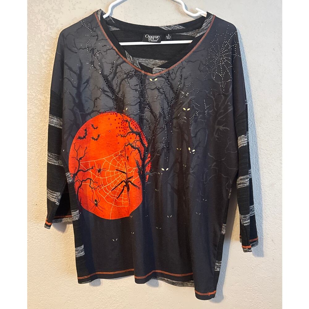 Y2K Halloween Night Sequins Womens Blouse Black Spiders Spooky Tree Size Large